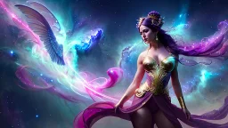 Full body portrait of a nebula goddess by artgerm, ferdinand knab, rutkowski, vivid swirling ornamental, elegant gradients, 3d liquid detailing, textured, intricate, octane render, 8k