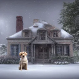 portrait of sad, scared, lonely dog tied to a short leash in front of house, winter, 8k resolution, high-quality, fine-detail, intricate, digital art, detailed matte, volumetric lighting, illustration, 3D octane render, brian froud, howard lyon, selina french, anna dittmann, annie stokes, lisa parker, greg rutowski