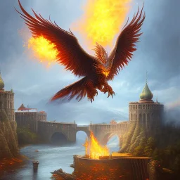 fantasy art, book illustration, fiery phoenix on the stairs of a bridge or dam ,icy water