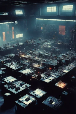 [Blade Runner (1982) style, view from above] a robot teacher in a classroom with a lot of different student robots. The main robot distribute work amongst smaller robots and computers in the factory. there is electricity in the air, the main robot coordinates other robots