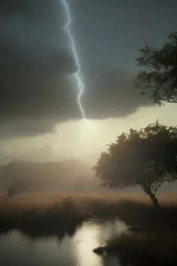 photo of a ultra realistic rain streak of lighting, dramatic light, pale sunrise, cinematic lighting, battered, low angle, trending on artstation, 4k, hyper realistic, focused, extreme details, unreal engine 5, cinematic, masterpiece, art by studio ghibli, intricate artwork by john william turner