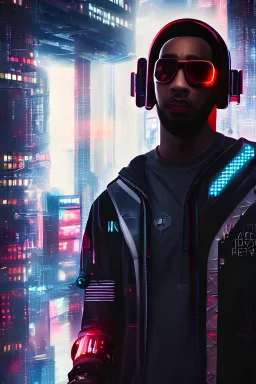 hero angle of cyberpunk Ludacris, highly detailed, sharp focus, cyberpunk style, cyborg, futuristic, 8k, 35mm, cinematic lighting