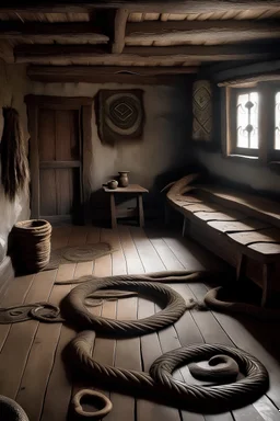 inside a old norse house with snakes on the walls and floor