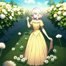 anime girl holding on to a dried dandelion flower and blowing the dried seeds into the air as the wind carries them away. outdoors scene.anime girl standing in a meadow of flowers. thw wind is blowing flower pedals into the wind. girl wearing yellow dress. more emphasis on seeds floating in the air