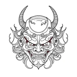 White, minimalis line art , oni mask japanes , vector, white background, outline, with images neatly contained within the background, just black and white color, tatto style.