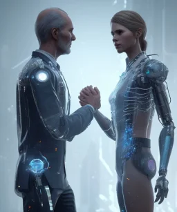 detroit become human, two people looking at each other, handshake , sci-fi fantasy style, volumetric lighting, particales,highly detailed,cinamatic, deep colours,8k.