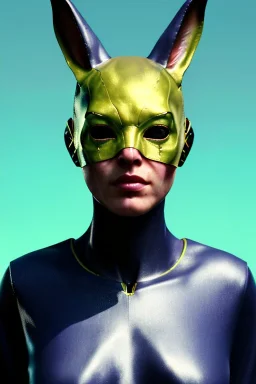 Medium Close Up Portrait, Front image. cyberpunk, rabbit mask, british woman, volcano hair. Latex suit army. white, yellow, color. Wolverine style. Color background, photo studio. Avatar image, highly detailed, concept art, smooth, unreal engine 5, ray tracing, RTX, lumen lighting, ultra detail, volumetric lighting, 3d, finely drawn, high definition, high resolution.