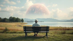 a figure sits with his back to the camera on a beautiful bench in a beautiful landscape and overlooking the water of the nearby lake, calm, harmonious atmosphere, muted, not too colorful colors, Whimsical style and big neuron network dome background on sky, surreal stunning vibe
