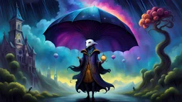 I Think Its Gonna Rain When I Die, creature design, Tim Burton, anthropomorphic character, surrealism, renaissance painting, concept art, colorful, cosmic, galactic, eldritch, mysterious, vibrant, whimsical, ethereal, rococo, digital painting, storybook illustration.