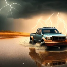 hyperrealistic shot, off-road truck, speeding, earth color palette, sharp focus, puddle reflection, tire water splash, refraction, rain and lightning on the horizon, shadowcast, detailed and intricate, cinematic composition, tilt shift photography