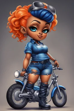 create an airbrush illustration of a chibi cartoon voluptuous black female wearing a blue jean outfit with biker boots. Prominent make up with hazel eyes. Extremely highly detail of a very low orange pixie haircut. Background of a bike show.