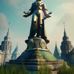 Monument, abandoned city centre, statue of human on top, look from distance, buildings visible whole statue, overgrown statue and monument, realistic, highly detailed