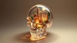 old worn paper, plain contrast background, crystal transparent Skull with city and plants inside, backlight inside, 8K, high detail, hyperrealism, high resolution, bright colors, ART illustration