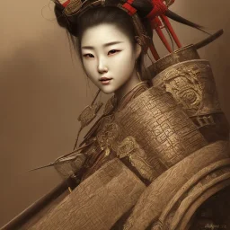 foto de perfil do rosto molhado, muito detalhado de uma mulher japonesa maravilhosa, vestindo samurai