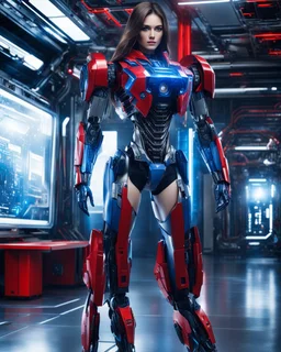 length image full body photo realistic high details beautiful woman long hair with body mechanical robot red and blue inspired design by optimus prime transformer robot sense of technology future,in room futuristic spaceship background