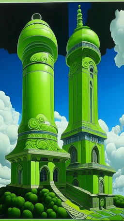 Lime green aero towers in the cloudy sky painted by MC Escher