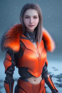 full body portrait of a beautiful girl, wearing glowing orange armor, futuristic armor, natural posture, nice smile, snowy mountain background, snow, fur cloak, full body