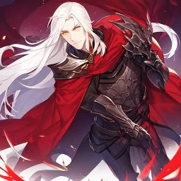 Vampire knight, young man, handsome, long white hair, black full plate armor, red cape