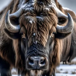 Gros bison mâle dans le froid de l'hiver, détail net et clair, hyper réaliste