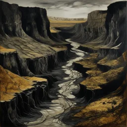 A dark brown canyon with tar pits painted by Guo Xi