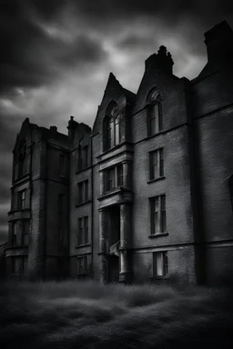 An old style photograph of a building of a vintage grimy asylum in Ireland in black and white, with a lot of sky showing and eerie atmosphere