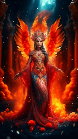 Full body wide-angle RAW photo, the fire queen wearing very luxurious and jewel-embellished clothes, fully covered, holding a fire shawl, opals and flower decorations, fractal wing texture, coming out of a burst of fire, winter scenery in the background, beautiful woman's face indonesia, high detail skin, phoenix, fire, 8k uhd, dslr, soft lighting, high quality, film grain