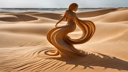 dancing sculpture of a wind-blown sand lady (made of sandstone):1.7; amazing reflections, wonderful textures, perfect skin, circular swoosh, dynamic, cinematic, dramatic, cam in motion, swirl dynamics, deep low angle, Katsuhiro Otomo style, summer heat, vivid sand and orange colors, bright tone, sharp shadows, black outlines, ultra detailed, extremely intricate, immersed in motion