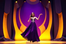 modern stage with gray-dark yellow blueish violet theme artistic decoration , color full dynamic lighting, a beautiful lady in maxi dress with shining silver jewels dancing, 3D recursive fractal structure animating background