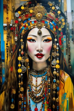 Painted portrait of Chinese woman in dredlocks and turban, heavy makeup, long hair and loads of jewellery, painted by paint brush in style of Gustav Klimt