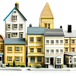 edificio, casas y que incluya una local en miniatura 3d fondo blanco