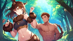 Girl and Boy, forest, ,deer hoof foot, brown hair,hoof hand, more fur on navel, open navel