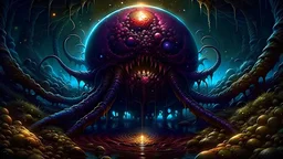 An evil, blood-shot, crimson eyeball walking on toothed tentacles in a blood swamp at night. Dariusz Zawadzki, dark, morbid, macabre, horror Gustave Doré Greg Rutkowski, Pulsating Veins, Hyperrealistic, splash art, concept art, full shot, intricately detailed, color depth, dramatic, wide angle, side light, colorful background Professional photography, bokeh, natural lighting, canon lens, shot on DSLR 64 megapixels sharp focus