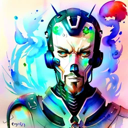 Male cypebpunk character connected to AI exploring other AI - Watercolour and Watercolour Painted Style - Jenny Rainey Style