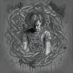 Generate a sketch that depicts a trapp in the clutches of addiction, with visual elements symbolizing the allure and dangers of substance abuse, such as dark shadows, chains, or swirling vortexes