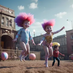 Ultra realistic circus scene. Sweet hair monster jumping and Child’s playing, smile, happy, smooth color, waist up view, Wes Anderson style, dark ambient, highly detailed, concept art, unreal engine 5, god rays, ray tracing, RTX, lumen lighting, ultra detail, volumetric lighting, 3d, finely drawn, high definition, high resolution.