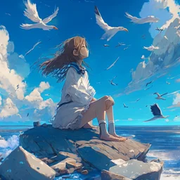 A girl is sitting on the edge of the rocks by the seashore and is meditating. The sky is blue with beautiful clouds and seagulls flying, digital art, anime, 4k, full details