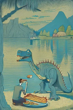 Eating a dinosaur by the lake in a Picasso style