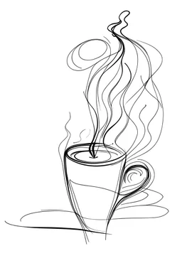 A abstract one line coffee cup with the aroma vape turning in to a abstract outline of a male face black ink on white background