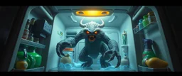 final boss sloth demon in the fridge space craft in the style of fantasy art