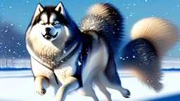 Alaskian Malamute running through the snow, furry style, shamanism, fish