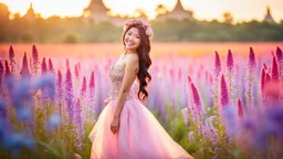 A gorgeous smiling Asian model in a fairy outfit in a field of flowers at sunset a crystal castle at background