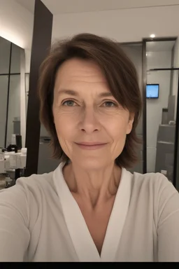 A selfie of a brunette woman, middle short hair taken after massage at spa salon. showing a 47-year-old European woman. She has white skin, tousled brown hair, face without makeup, big round dark brown eyes, cute profiled nose, detailed full lips, skin texture.