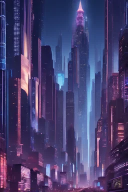 Generate a cityscape image featuring a bustling, futuristic metropolis with towering skyscrapers with unique, intricate designs. Capture a vibrant, high-tech urban environment with holographic billboards lighting the city skyline and the streets below.