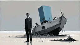 long-legged lean determined black-grey inspectors with beak-shaped heads (wearing white khiton) standing in front of a boat wreck on a radioactive beach, acrylic painting, minimal art, centered, wild sparse brushstrokes, amazing verticals, great parallels, low bleak colors of gray, blue and black, excellent negative space contrasts