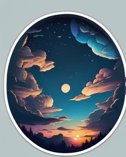 un hermoso paisaje del cielo en la noche en un circulo , sticker, caricatura