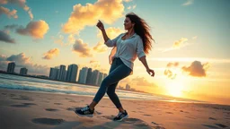 beautiful lady with makeup in pants and pretty shirt curvy long hair sport shoes dancing in sea side over soft sands ,modern city escape at dintant ,pretty clouds, golden hour