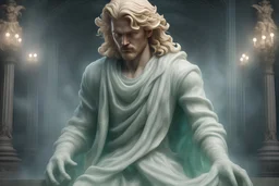 highly detailed marble and jade statue on a plint of a young man. long blond hair and short beard, full body shot, invisible gloves, , volumetric fog, Hyperrealism, breathtaking, ultra realistic, unreal engine, ultra detailed, cyber background, Hyperrealism, cinematic lighting, highly detailed, breathtaking, stunning environment