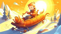 fantasy cartoon style illustration: a little boy on a sleigh. Sun is shining, it's a beautiful winter day.