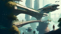 people watching a futuristic ship flying above a utopian metropolis. bridges, roads, balconies, trees, dense foliage, river, pathways, detai...