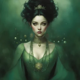 pearls. full body portrait of beautiful woman , green clothes, black hair, pretty eyes, Breathtaking Masterpiece Fantasycore Artwork By Anna Dittmann, Daniel Merriam, Jean Baptiste Monge, Alberto Seveso, Erin Hanson, Jeremy Mann""